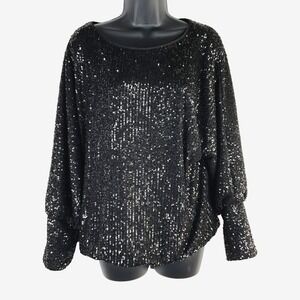 Joseph Ribkoff Women's Blouse Black 16‎ Sequin Embellished Boat Neck Long Sleeve